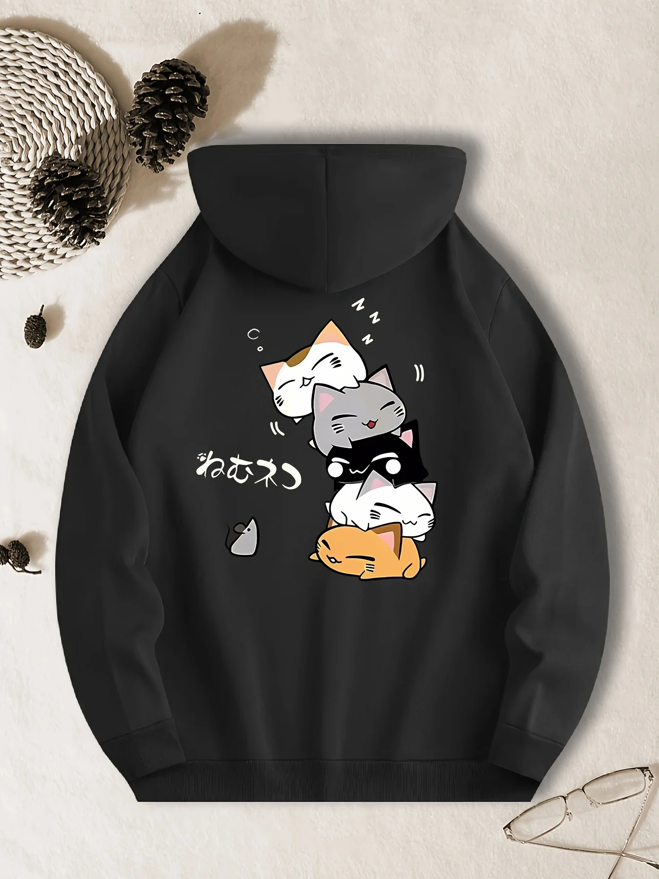 Men's cute stacked cat hoodie, with cartoon cats and small mice pattern on the back. A playful and cute casual hoodie.
