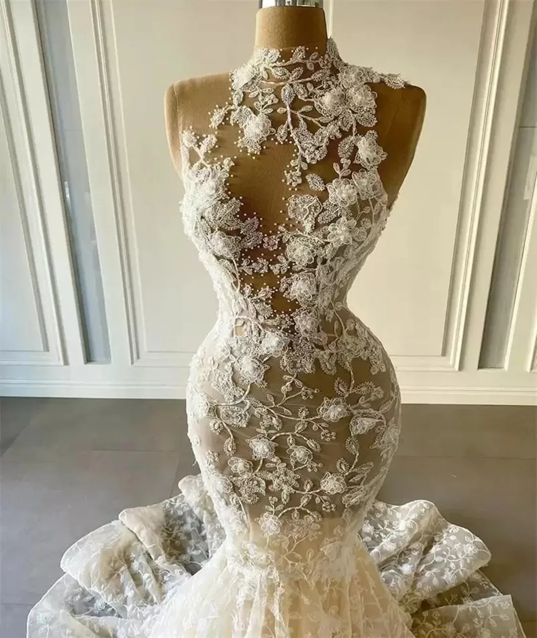 رائع حورية البحر فساتين الزفاف ثوب الزفاف الدانتيل زين مثير مخصص الرقبة العالية الشريط عارية الذراعين الشاطئ فيستدو دي نوفيا #2