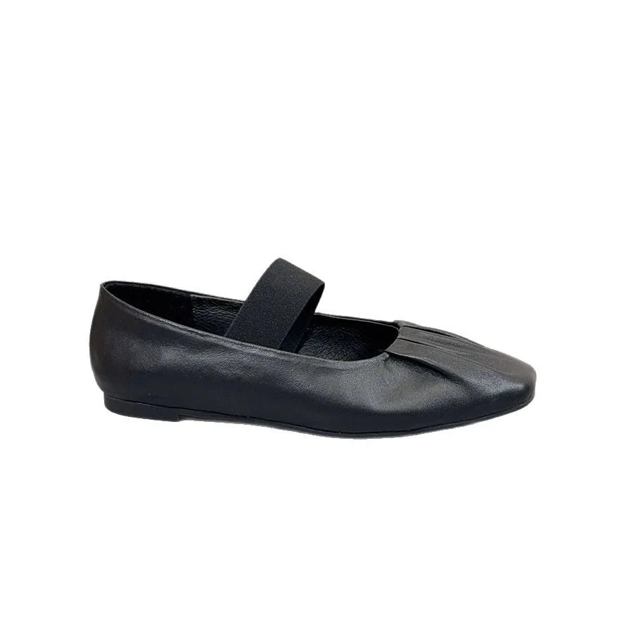 Bigkuir Retro Mary Jane Shoes For Women Genuine Leather Pleated Round Toe Low Heel Elastic Band Shoes Soft Soles Ballet Shoes