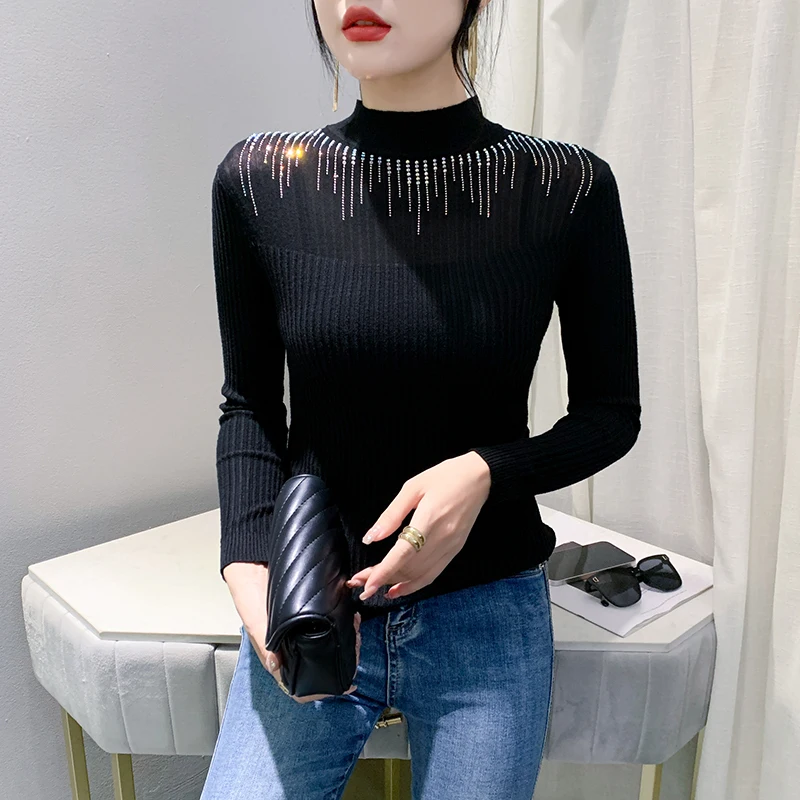 #4327 Black White Knitted Pullover Sweater Women Half High Collar Skinny Woman Sweater Pullovers Long Sleeve Split Joint Mesh