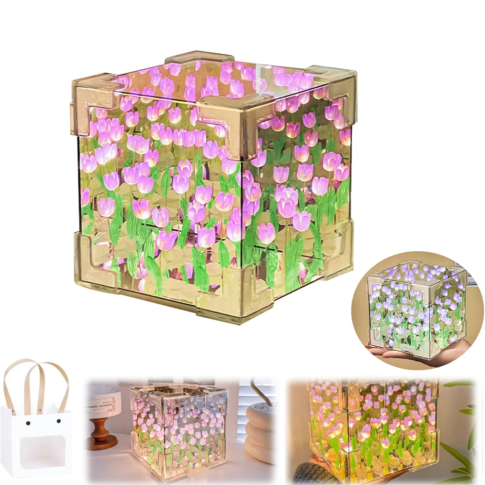 Tulip Night Light Led Decorative Lamp for Bedroom Handmade DIY Magic CubeFlower Table Birthday Gifts for Women and Girl