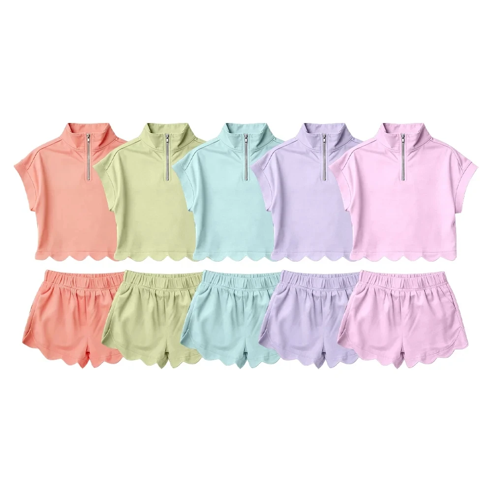 New Summer Style Pure Cotton Short-sleeved Half-zip Top and Shorts Fashionable Boutique Girls' Set