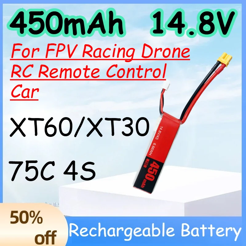 

450mAh 4S 14.8V 75C Replace Rechargeable Lipo Battery for FPV Racing Drone RC Remote Control Car Battery with XT60/XT30 Plug