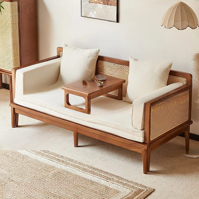 Sliding sofa bed solid wood new Chinese double sofa ash wood simple modern small apartment rattan