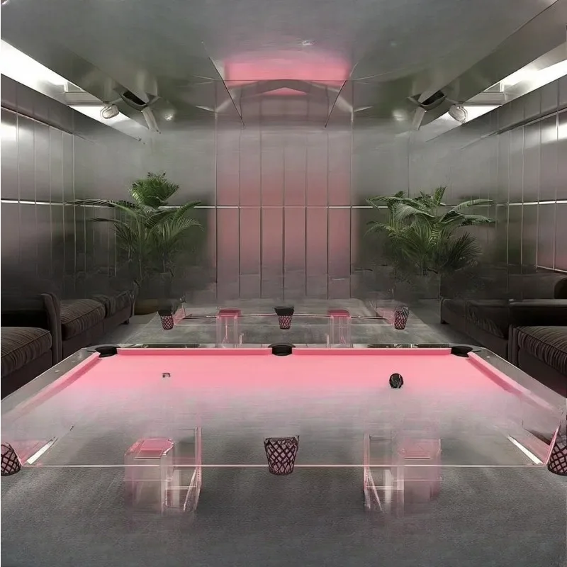 Luxury style crystal glass pink acrylic pool table with pink cloth
