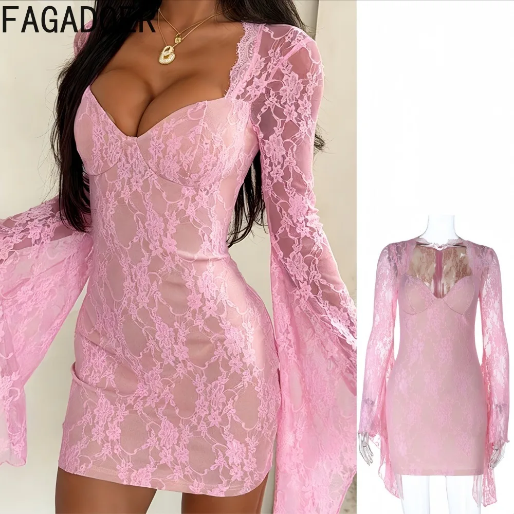 

FAGADOER Sexy Lace Patchwork Bodycon Dresses Woman See Through Deep V-neck Flare Sleeve Dress Female Party Clubwear Vestidos New