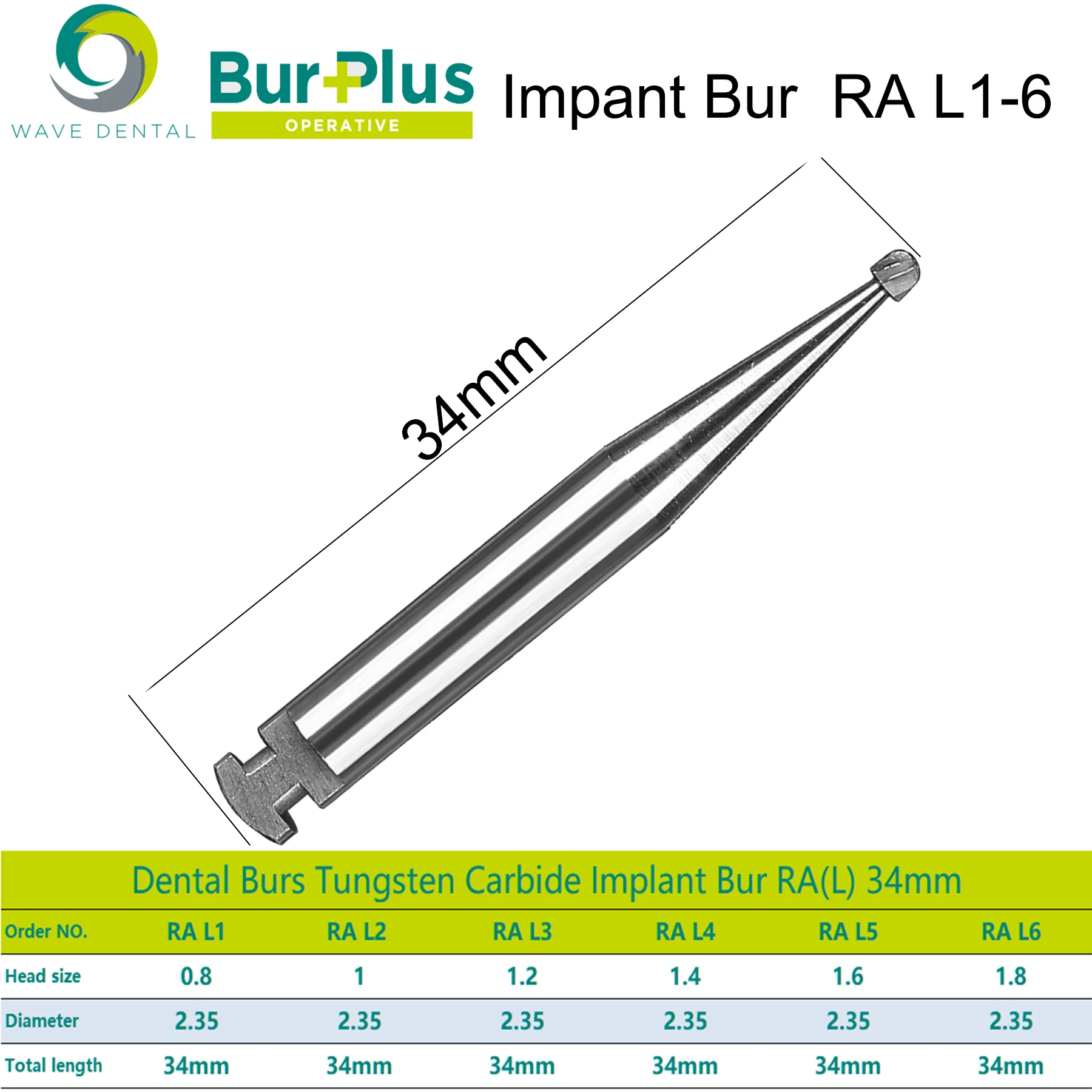 

PRIMA WAVE Dental Tungsten Steel Bur Implant Burs Round Ball 34mm Surgical Drill Dental Strawberries RA SURG L1-8