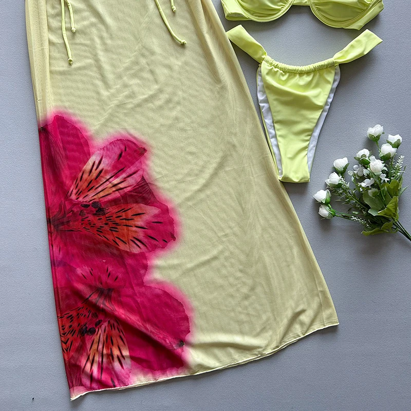 Conjunto de tres piezas Micro Bikini traje de baño mujer estampado Retro cordón cubrir Tanga Push Up Bikini playa vacaciones fiesta Biquini