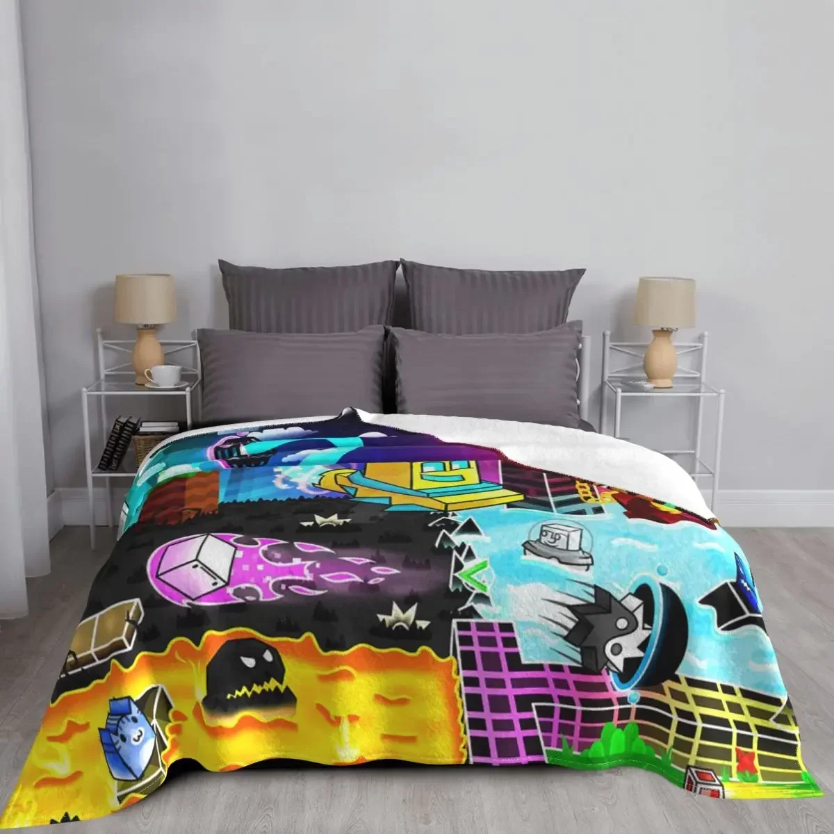 Winter 3d Print Blanket Geometry Dash Video Game Blanket Coral Fleece Plush All Season Breathable Lightweight Thin Blanket