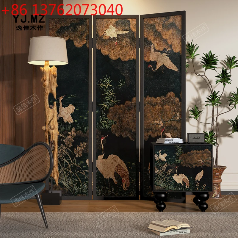 Medieval style crane solid wood screen partition living room folding baffle