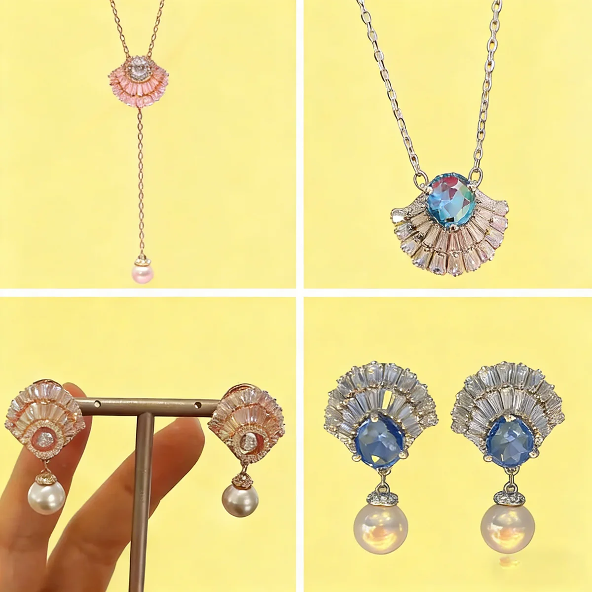 

Original Exquisite Fan Shape Blue Crystal Earrings Jewelry Fashion Stainless Steel Women's Pink Necklace Earrings Stacking Ring