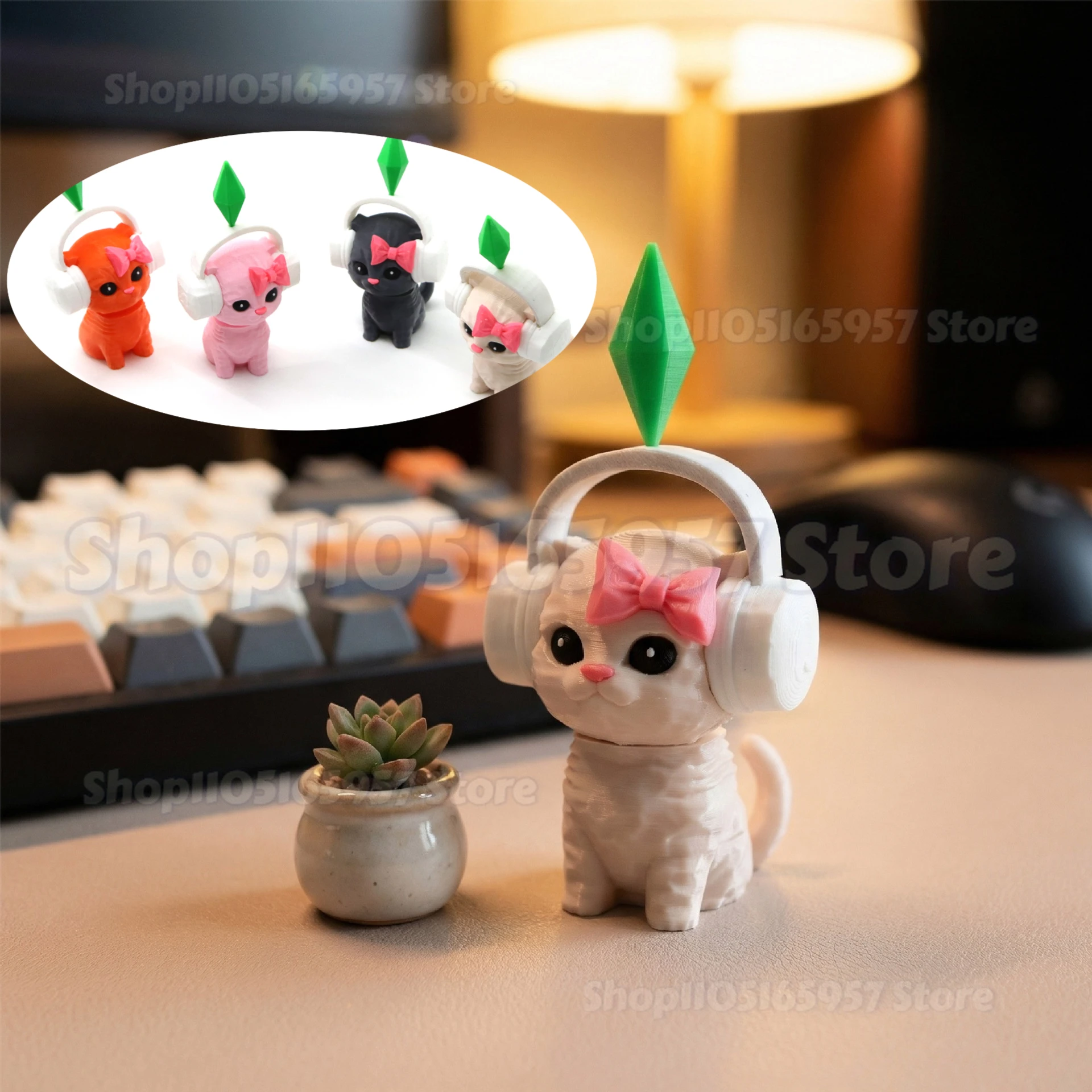 

3D Printed Cat Figurine with Headphones & Plumbob Decor-Cute Geometric Kitten Statue,Home Desk Decor,Kawaii Accents Gift