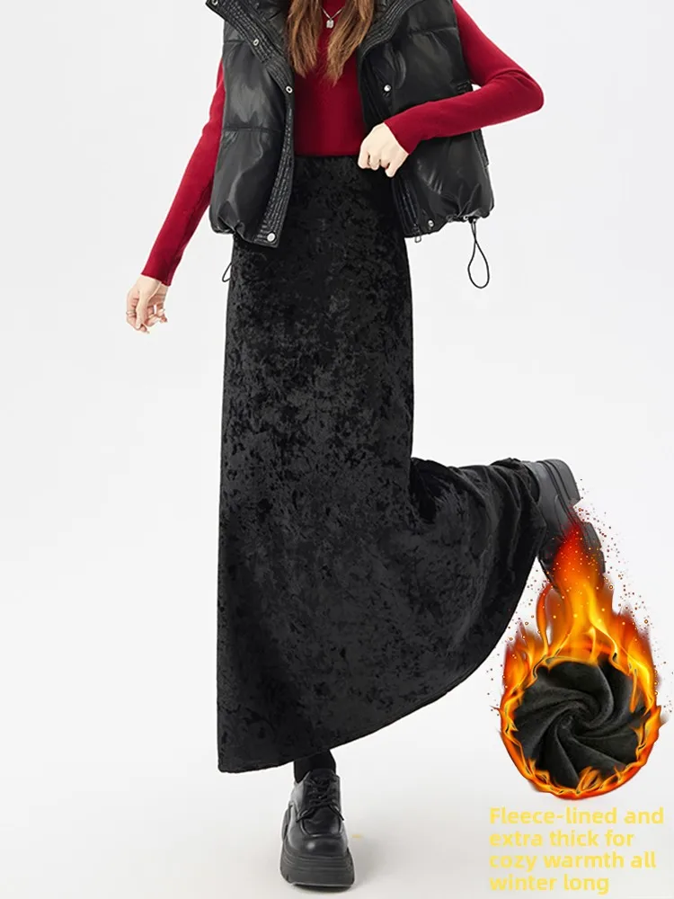 

Retro Velvet Half Skirt Women's Winter Thickened Fleece Black Fish Tail Draped Wrap around Skirt High Waist Fish Tail Skirt