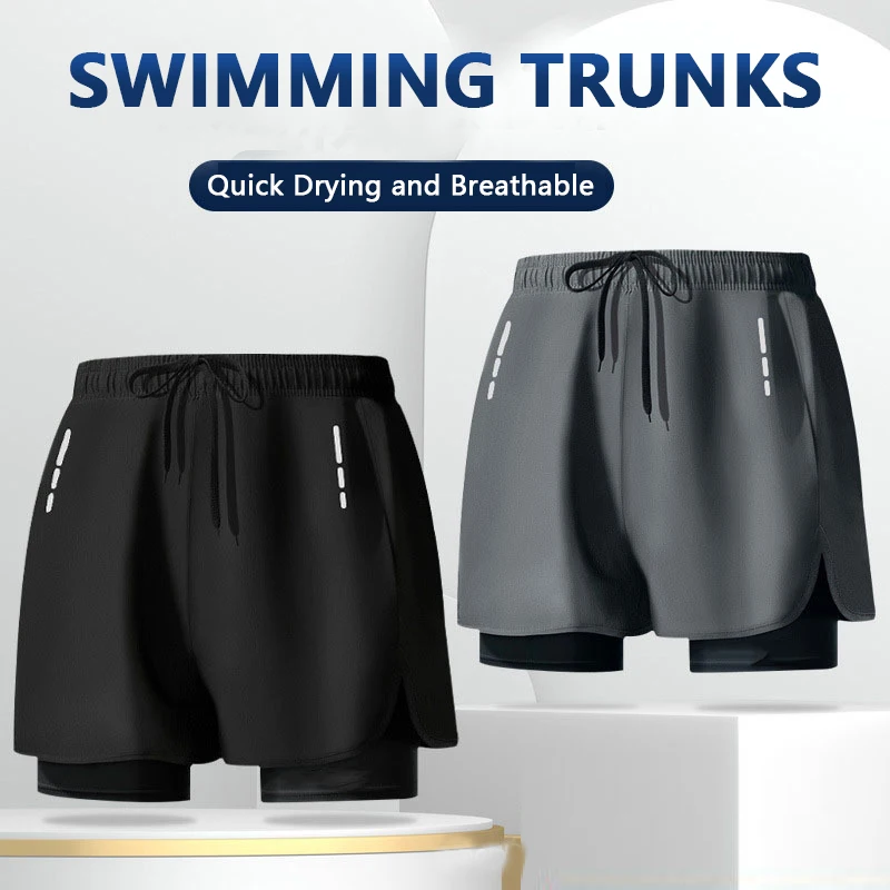 Hot selling men's sports double-layer swimming trunks loose oversized flat angle anti awkward running and fitness swimming trunk