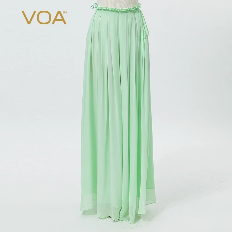 VOA 100% Pure Silk Georgette Green Skirt Natural Waist Fold Side Invisible Zipper Literary Double Elegant Woman Skirts CE85