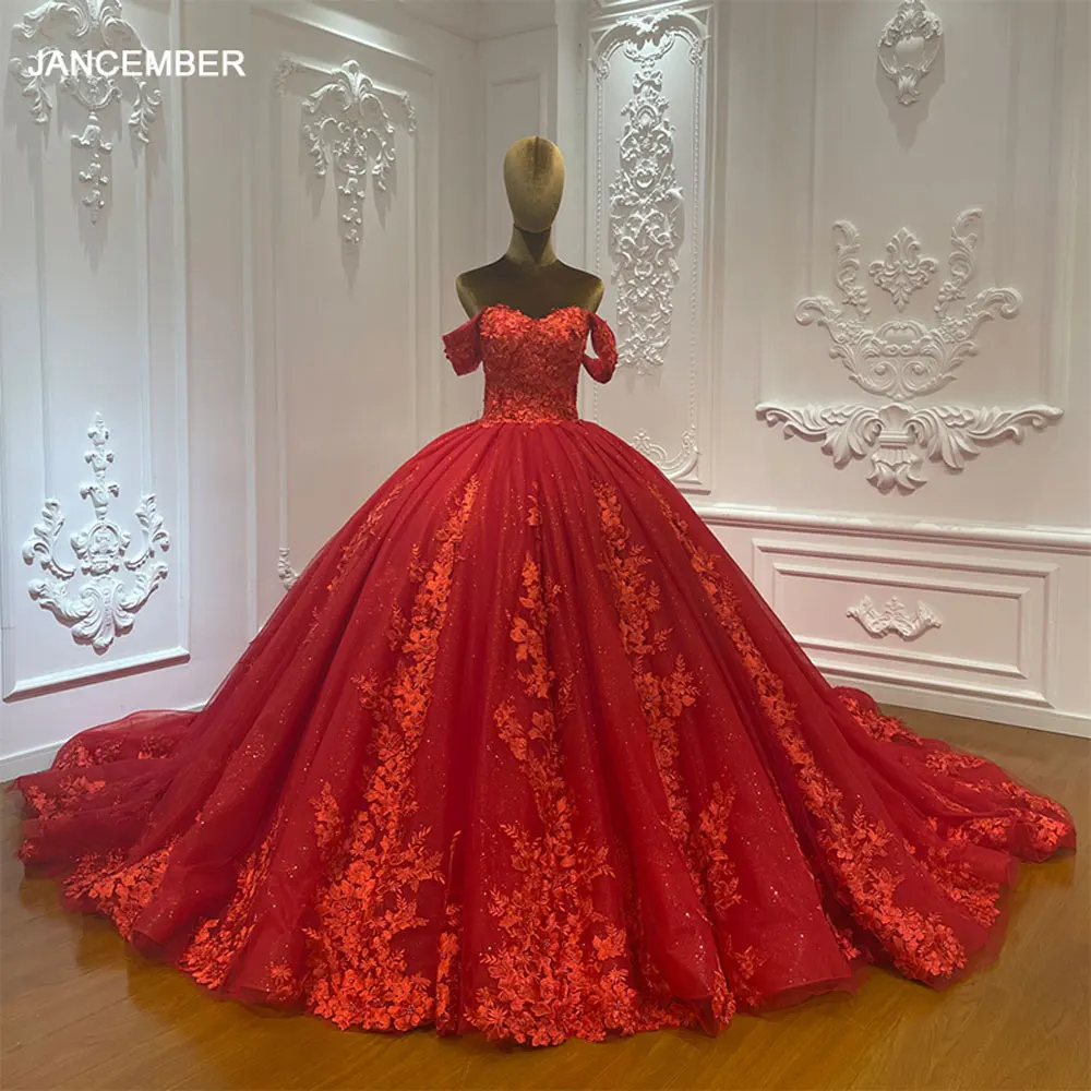 

Jancember Classic Red Wedding Dress Sweetheart Lace Up Beading Simple Ball Gown Skirt Elegant Bridal Party vestidos de novia