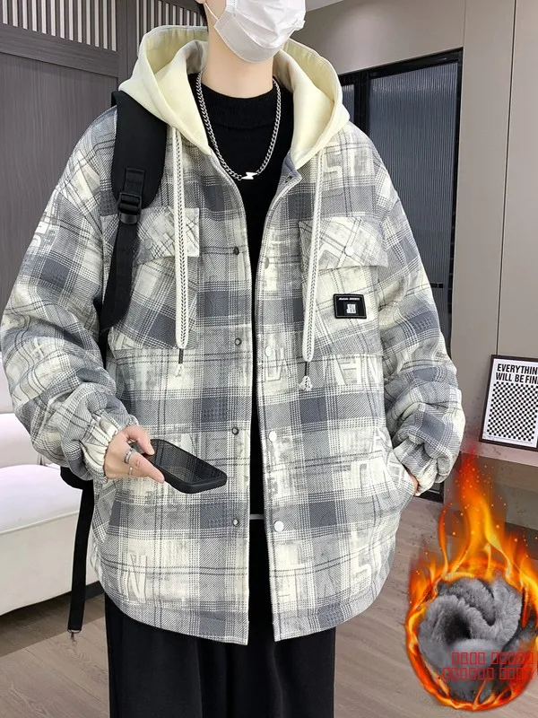 

Осенне-зимняя мужская куртка в клетку с капюшоном, утепленная, свободного кроя, универсальная, модная, для подростков, теплая верхняя одежда, повседневная, на пуговицах