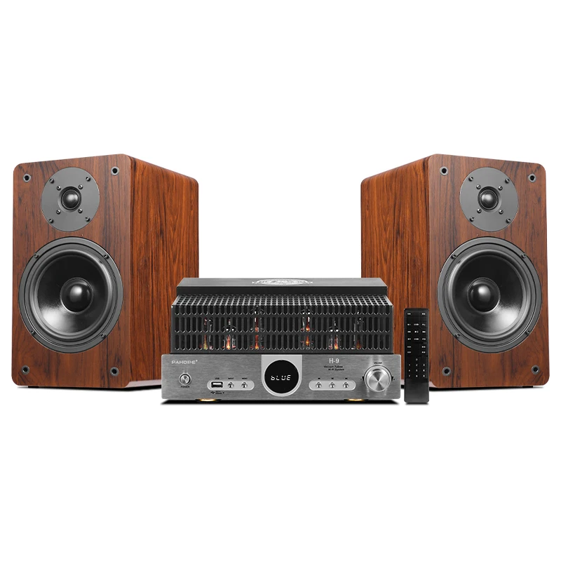 

Аудиосистема Hi-Fi 2.0 с ламповым усилителем, мощными 8-дюймовыми колонками и интерфейсами Bluetooth, коаксиальным и оптическим.