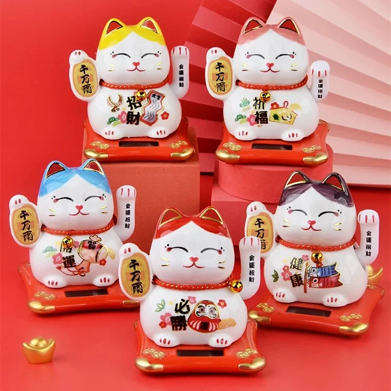 5 Kinds Ceramic Lucky Cat Ornaments for Home Room Car Decoration Solar/Battery Fortune Cat Mascot Figurines Interior Decor Gifts