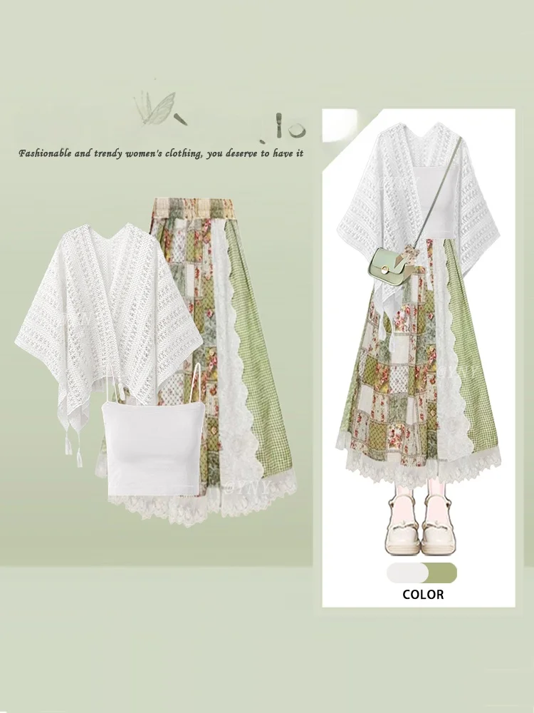 Bohemian Style Three-Piece Set Women's Hollow out Cover up Strap Floral Patchwork  Skirt Travel Outfit Long Sleeve V-Neck...