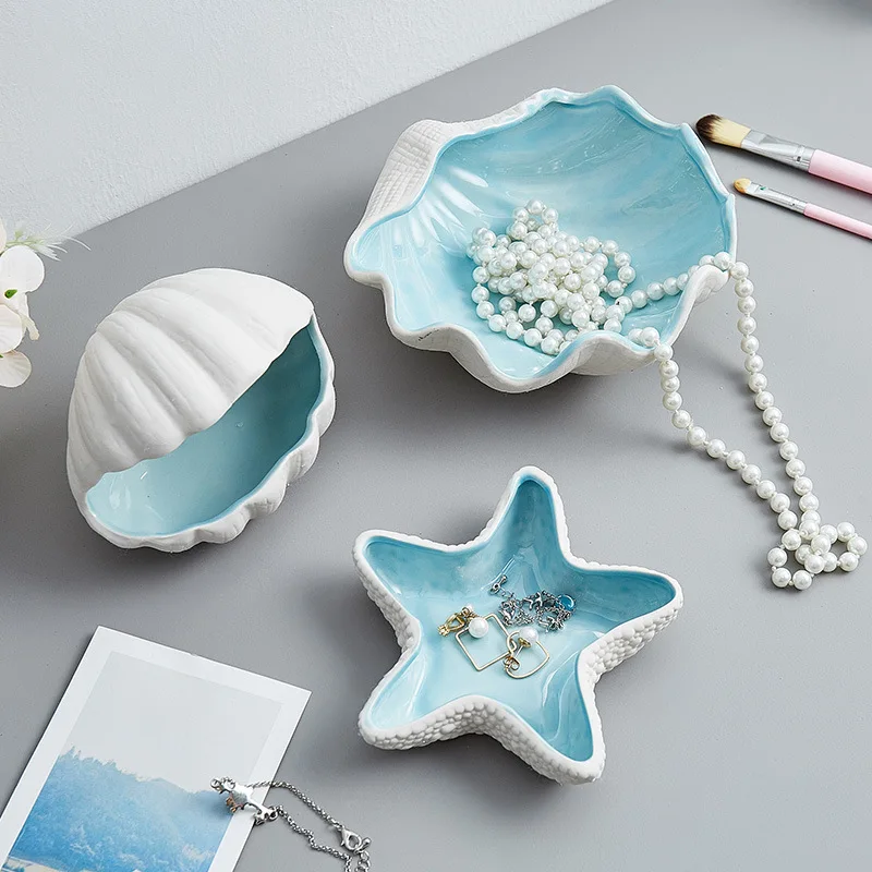 

Starfish/Shell Ceramic Trinkets Holder - Elegant Seaside Starfish Tray, Decorative Dish for Beach House Interiors
