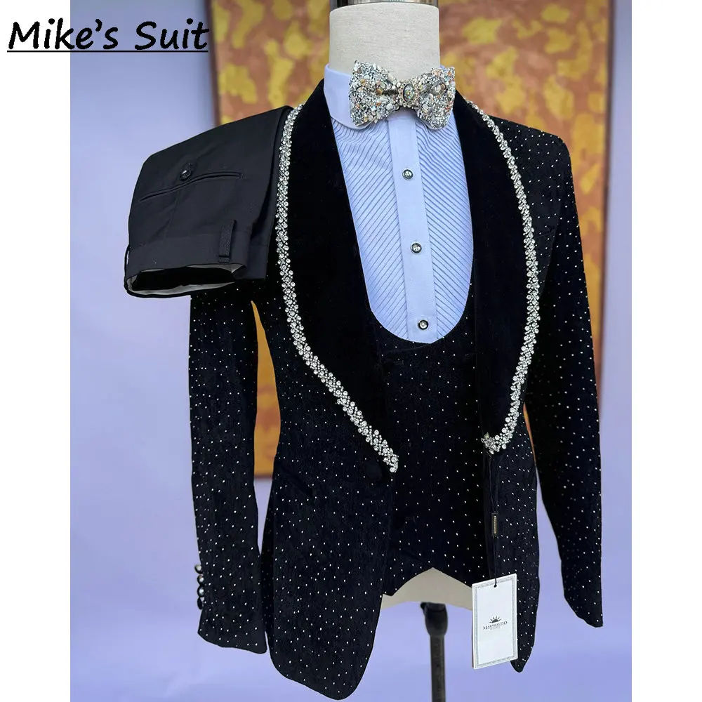 Black Glitter Crystal Sequined Men's Business Suit For Wedding Groom Wear Prom Man Suits Blazer 2 Pieces Set Jacket+Pant