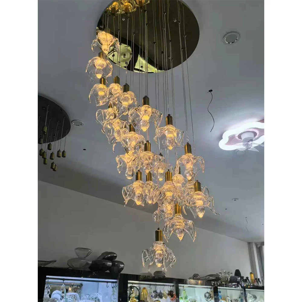 

Unique Designer-Style Custom Spiral Staircase with Height-Adjustable Staircase Pendant Light Artistic Design Pendant Light