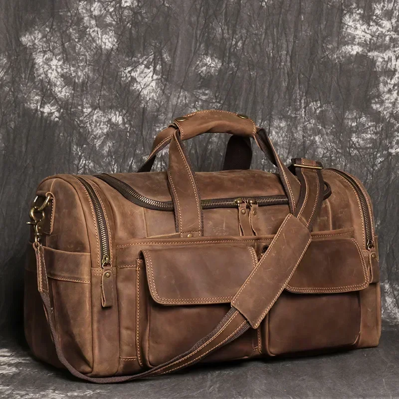 18 Inch (Approx. 45 cm) Vintage Full Grain Cowhide Weekend Duffle Bag for Overnight Travel Men's, Brown L Size 18 Inch, Vintage