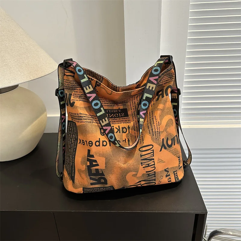 

Printed Trendy Backpack with One Shoulder and Two Backpacks 2025 Korean Version Simple Casual Versatile Armpit Bags Letter Bag