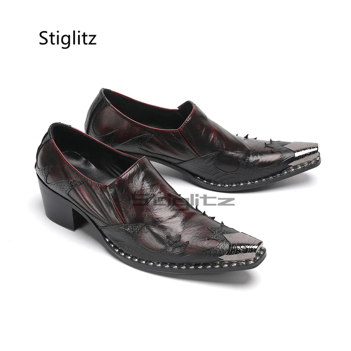 

Retro Burgundy Embroidery Cow Leather Shoes for Men Pointed Metal Toe Slip-On Genuine Leather High Heels Wedding Dress Shoes