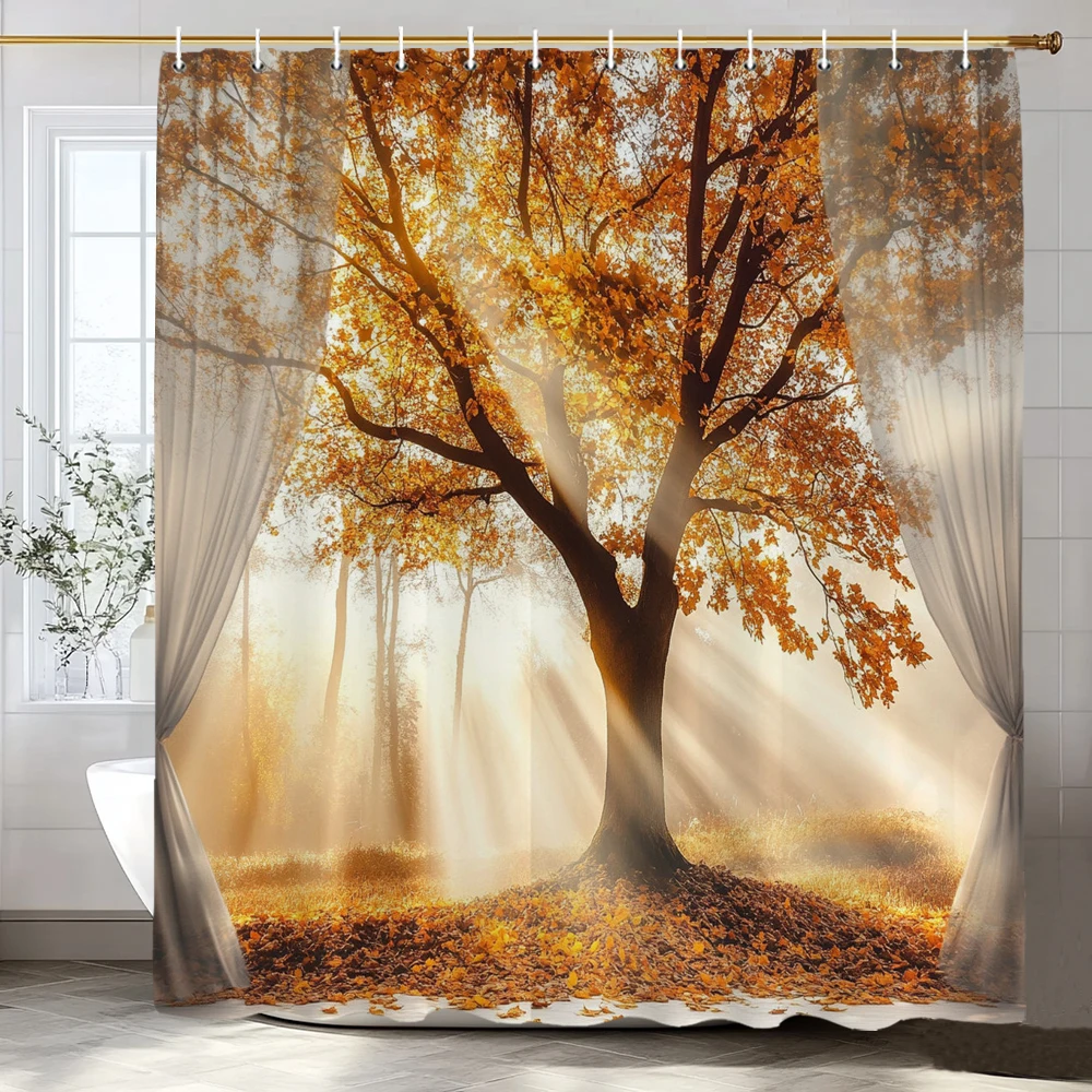 1PC Trees At Dusk in Autumn Shower Curtain, Tree Scenery Bathroom Decorative Curtain,Polyester Home Curtain with Hooks