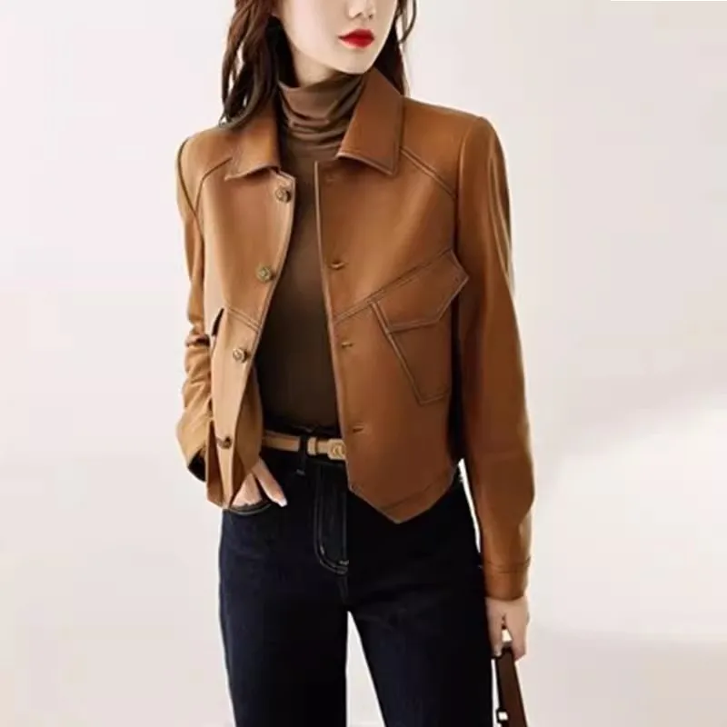 2024 Women Bike High-End Brown Coat Tops PU Leather Outwear Button Outfit Spring Autumn Women Fashion Short Thin Female Jacket