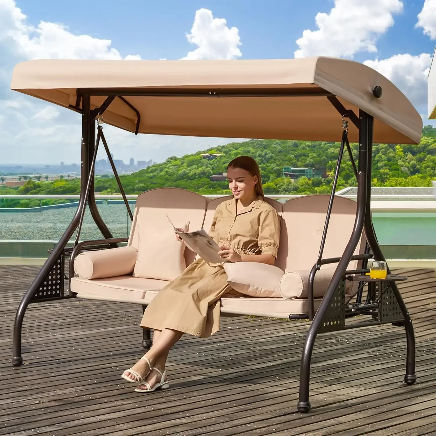 

3 in 1 Outdoor Porch Swing with Adjustable Canopy, 3 Seat Outdoor Swing for Adults, Patio Swing Chair with Thickened Cushions