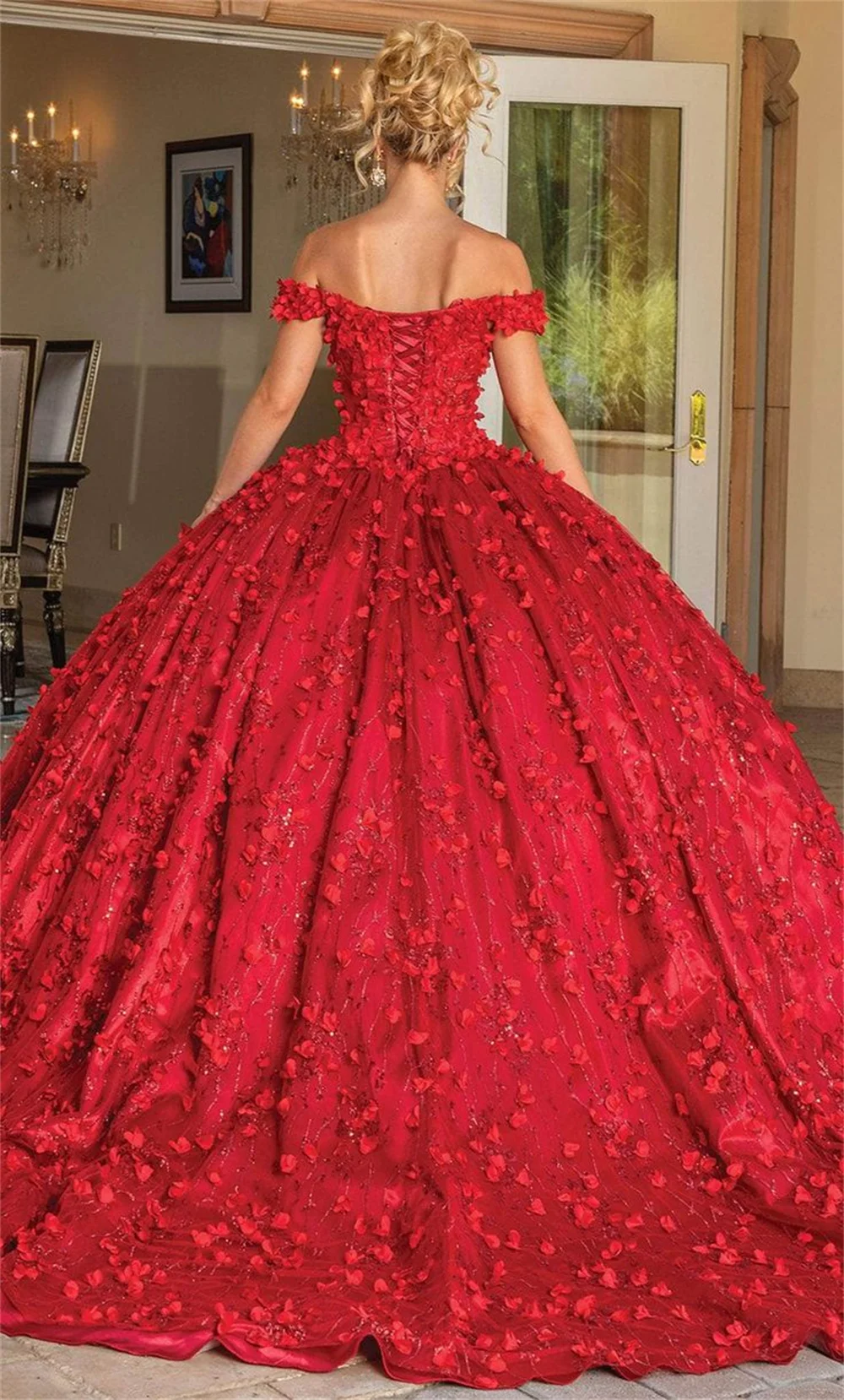 Vestido De novia con hombros descubiertos, traje rojo con flores en 3D, para baile De graduación