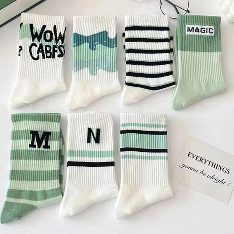 3/7 Pairs Women Striped Printed Mid Tube Socks Spring Summer Breathable Fashionable Letter Printed Street Style Casual Socks
