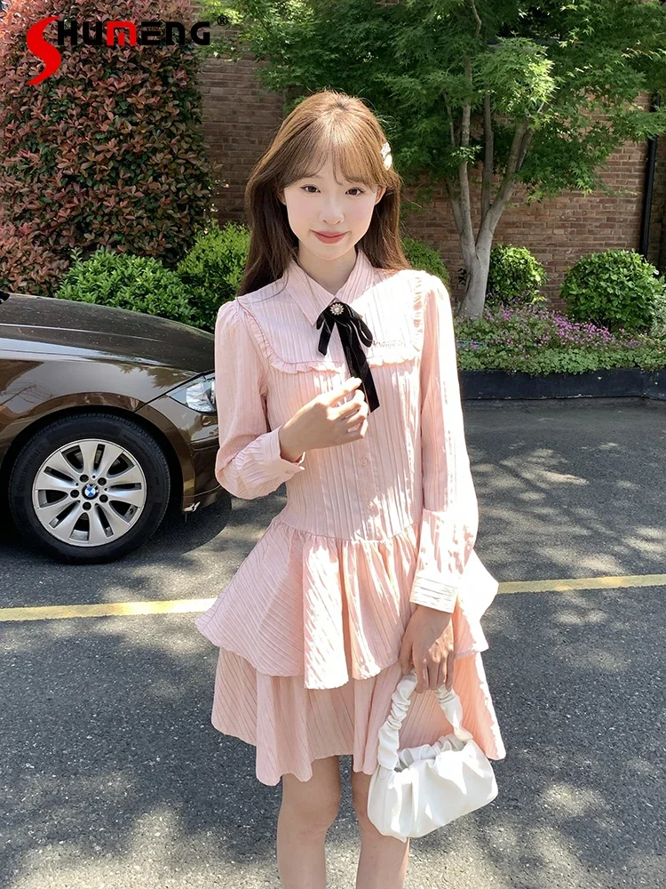 

Japanese Style Sweet Embroidered Polo Collar Bow Tie Long Sleeve Single Breasted High Waist Slim Fit A-line Pleated Dress Women