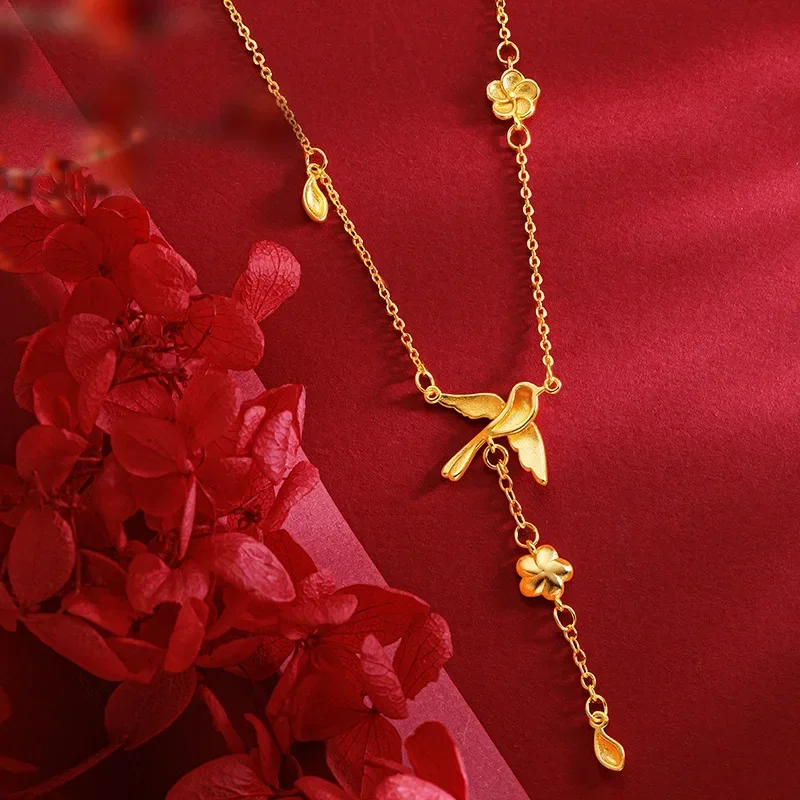 

24K Yellow Gold Magpie Clavicle Necklace, Real Gold Luxury Elegant Necklace for Women Fashion Wedding Party Charm Jewelry