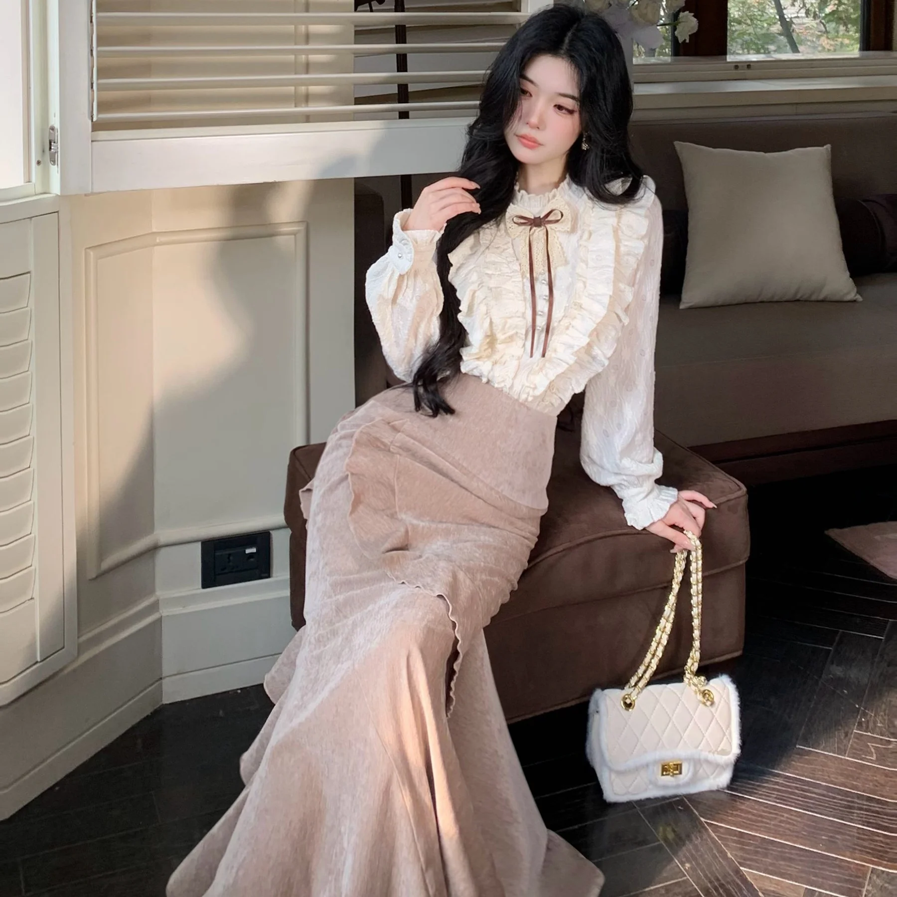Elegant Rich Girl New Year Spring Collection Women's Shirt Tailored High Waist Fish Tail  Skirt Two Piece Set Fashionable