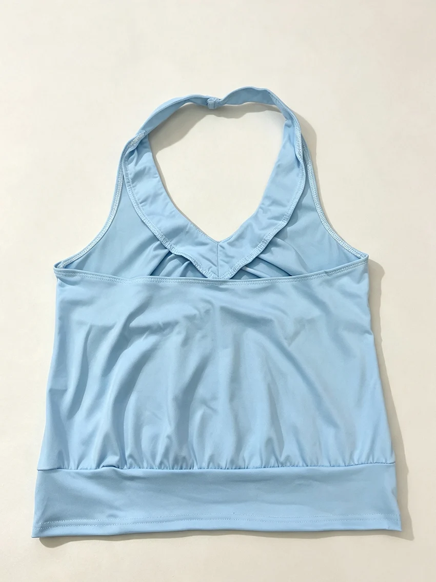 Summer Y2K Women Halter Tank Top Light Blue V‑Neck Gathered Bust Backless Sleeveless Camisole Daily Streetwear Casual Crop Tops