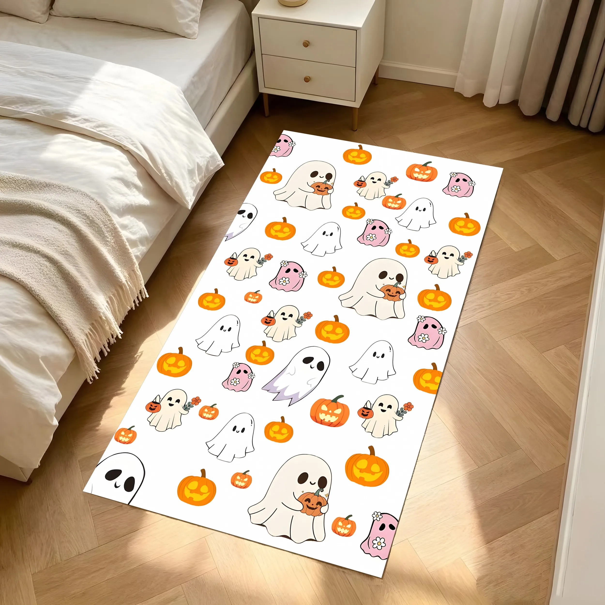 2D Large Carpet Cartoon Ghost Pumpkin Print Full Coverage Design Cute Adorable Eye Catching Creating Fun Halloween Atmosphere