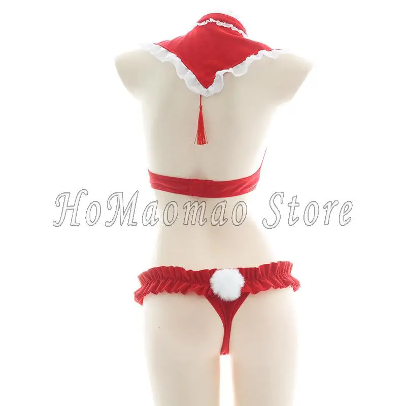 Santa Sexy Costume Christmas Lingerie Set Cute Hollow Out Bikini Bowknot Ruffle Halter Neck Bra Rabbit Tail Briefs Cosplay Set