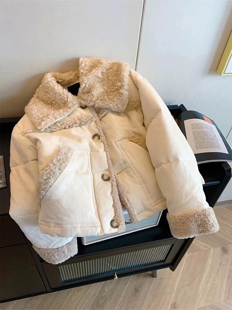 

Lamb Wool Patchwork Lapel Cotton Jacket For Women Autumn Winter Fashion Single Breasted Short Versatile Thick Cotton Coat