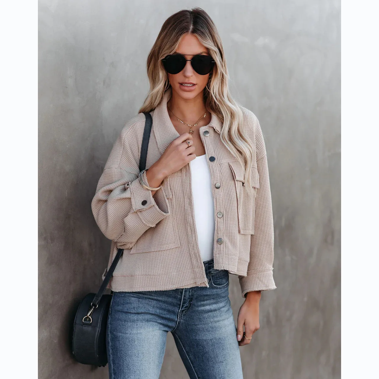 Leisure and Fashion Ins Style 2025 Cross border Foreign Trade Autumn/Winter Edition Flip Collar Waffle Coat