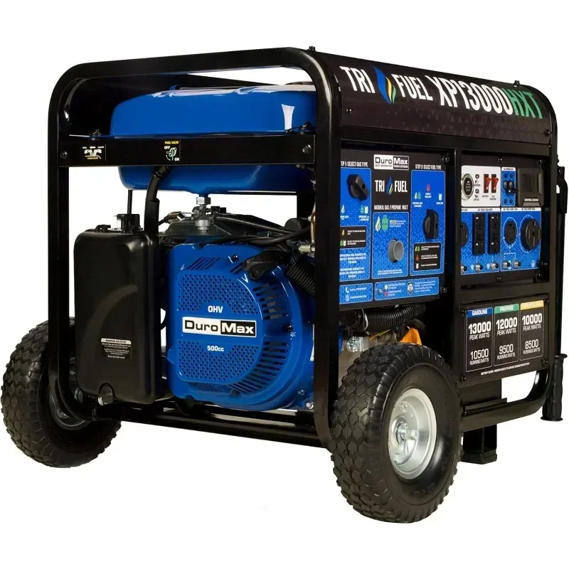 DuroMax XP13000HXT 13,000-Watt 500cc Tri Fuel Gas Propane Natural Gas Portable Generator with CO Alert, Black/Blue