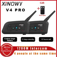 XiNOWy V4 PRO Motorcycle Helmet Headset Bluetooth Intercom Earphones Support 4 Person Riding Interphone Distance 800-1200 Meters