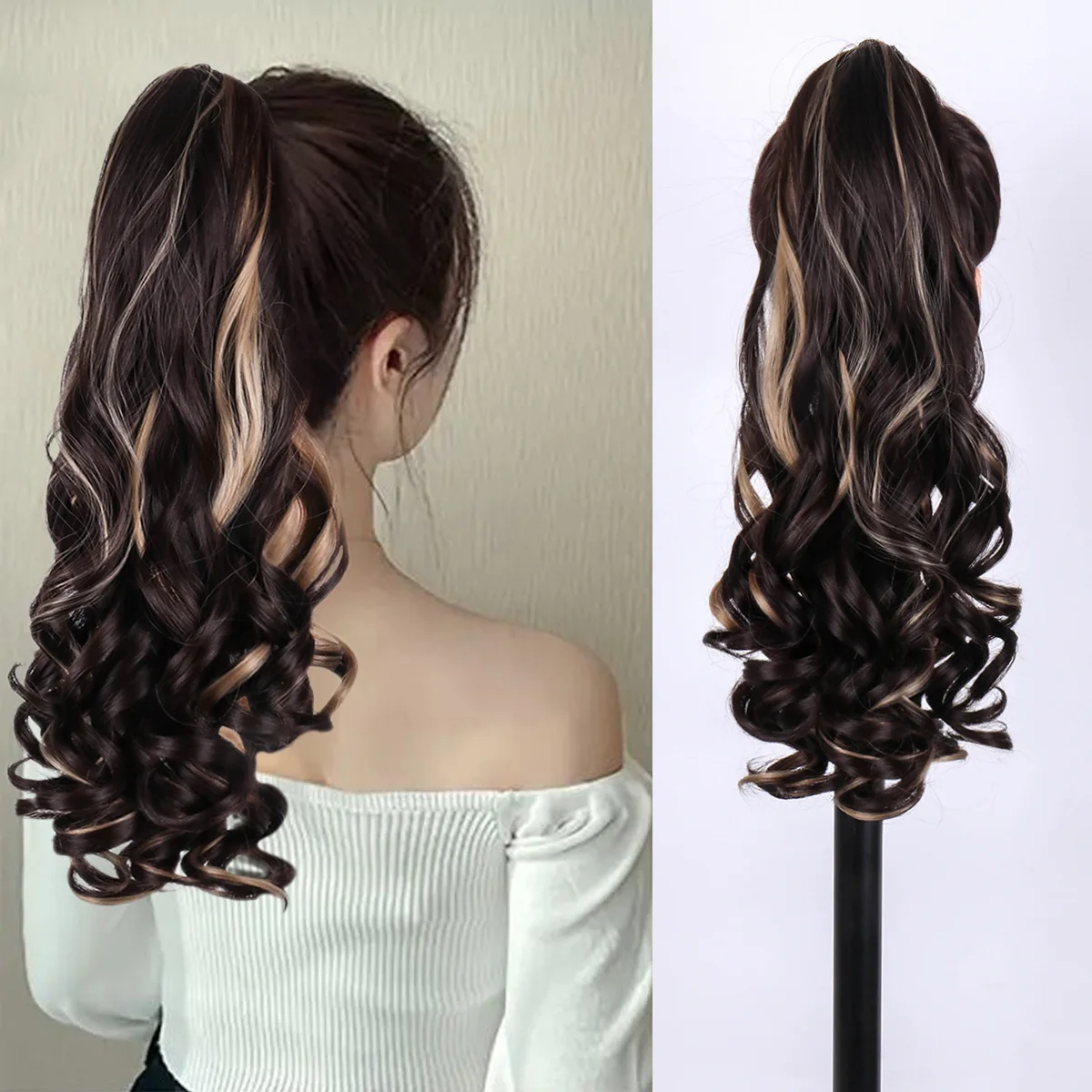 Wig women's long hair with large waves & high ponytail natural simulation fluffy curly ponytail hair extensions braids hair care