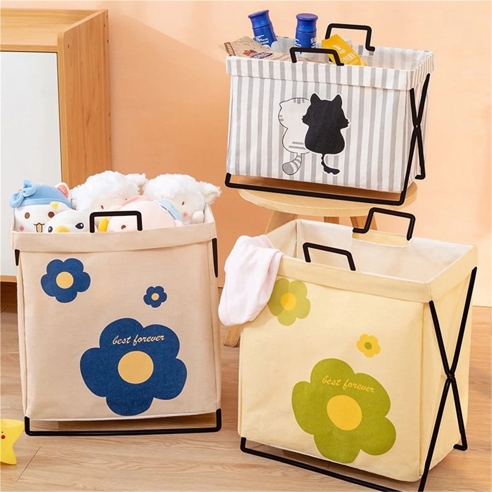 

Collapsible Laundry Hamper Beige Cloth Basket for Bedroom Kids Laundry Organizer Compact Storage Solution