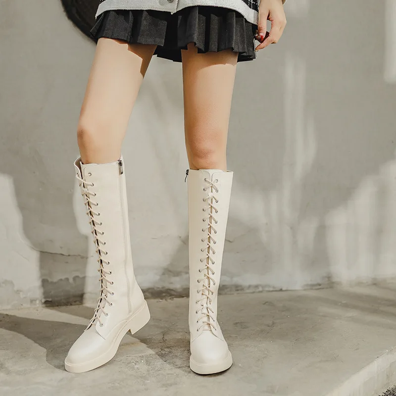 

2021 New All-match British Style Leather Boots Women But Knee Boots Increase In Winter White Lace-up Knight High Leather Boots