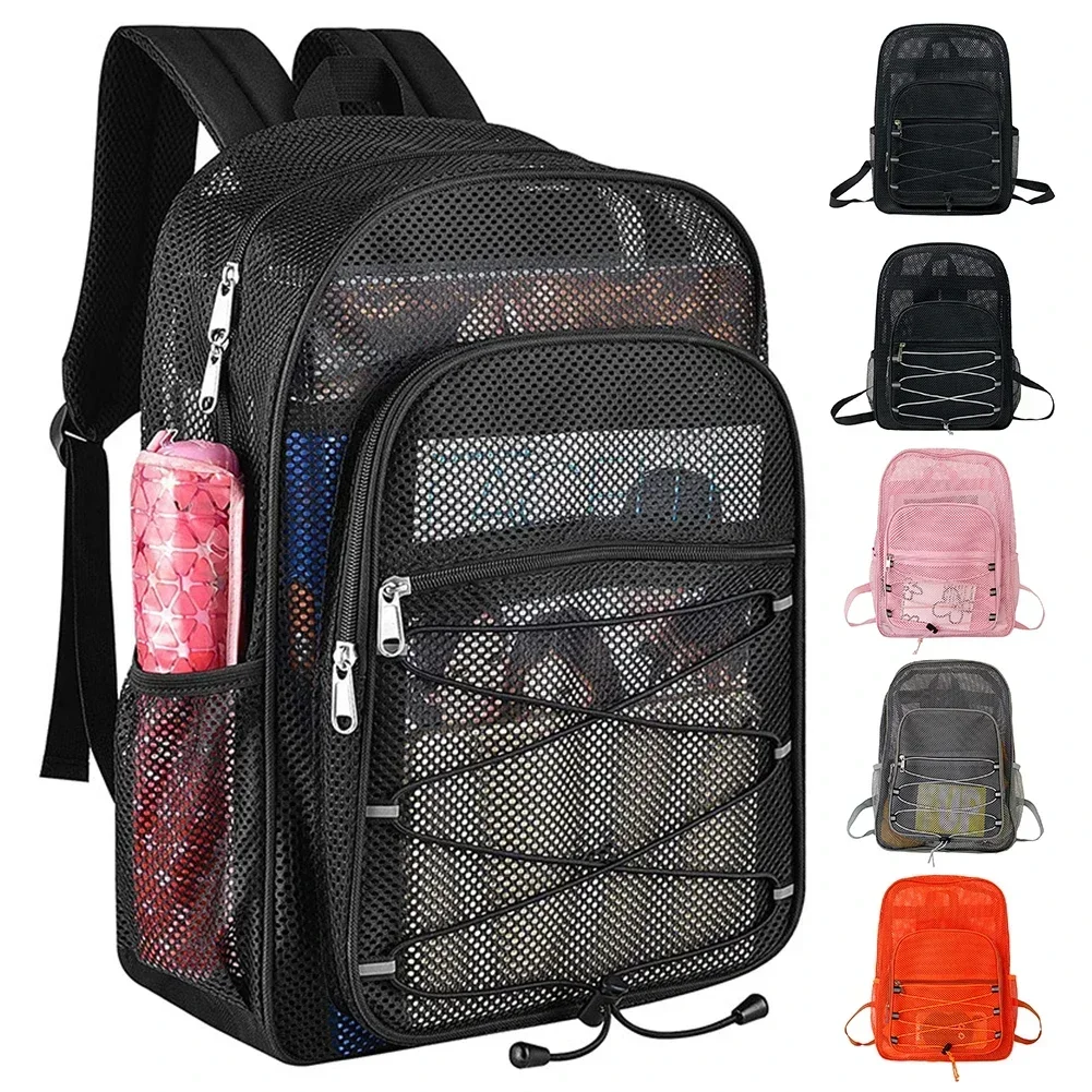 Mesh College Student Backpack Comfortable Shoulder Strap Fitness Bag High-Capacity See Through Wear-resistant for Outdoor Sports