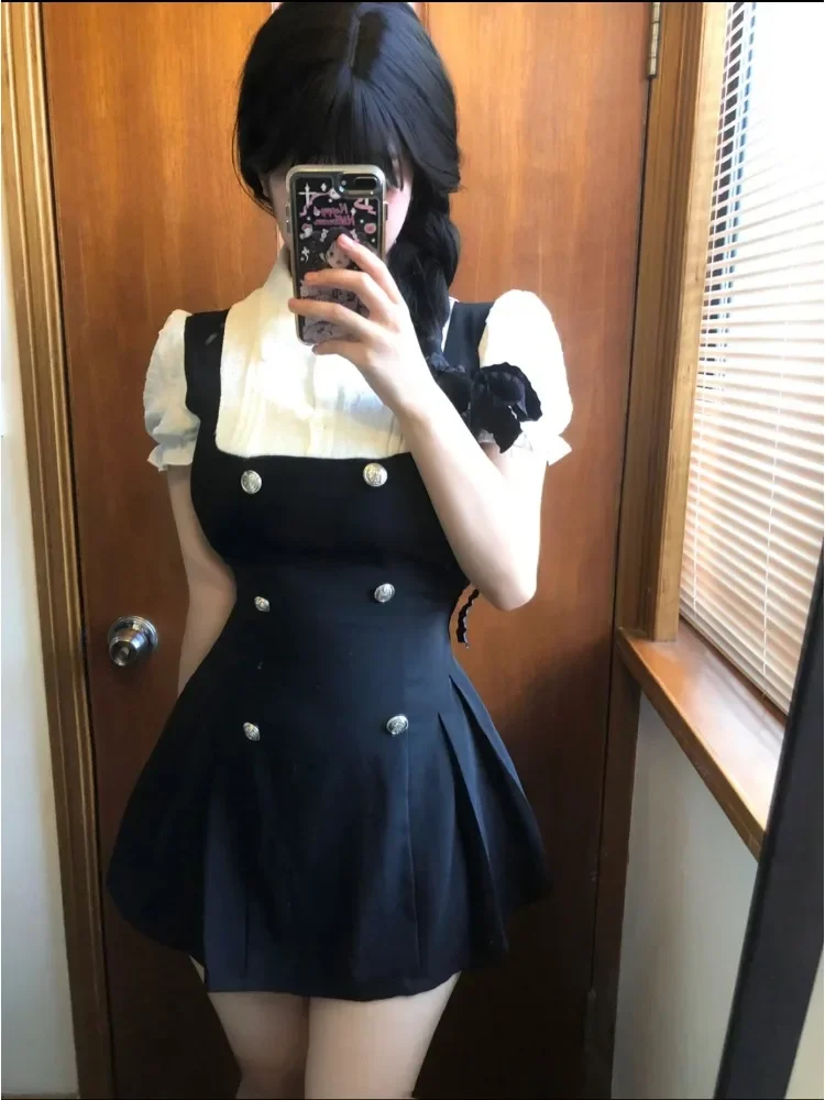 Japanese Preppy Style Elegant Dress Women Bow Y2k Vintage Chic Fake Two Piece Dress Female France Princess Retro Clothes 2024